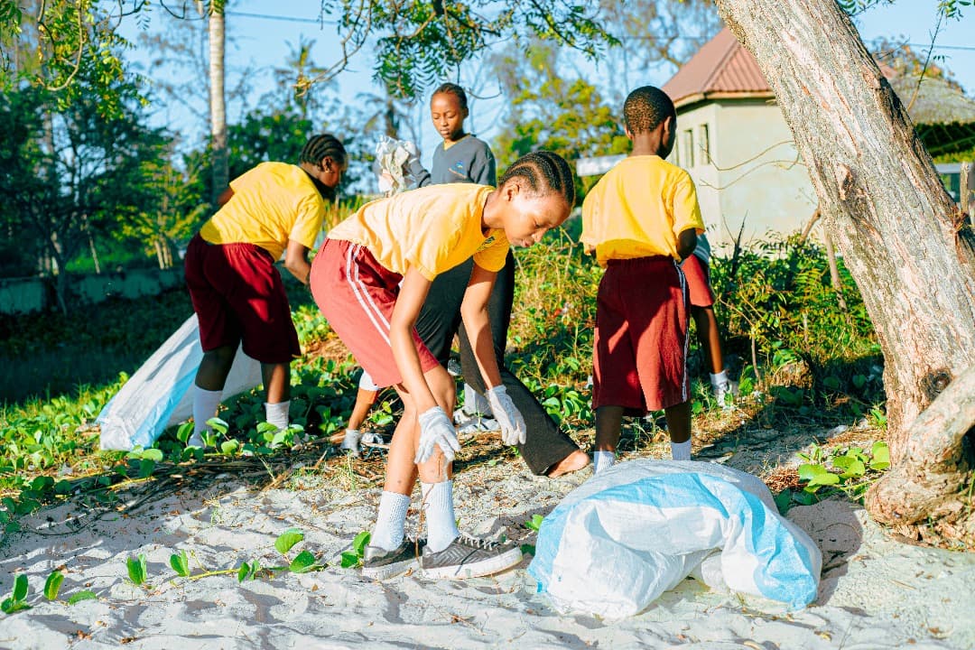 Students in yellow shirts collecting litter under the trees
